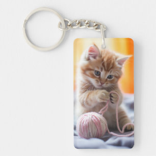 Süße orange Katze spielt mit Garn Schlüsselanhänger