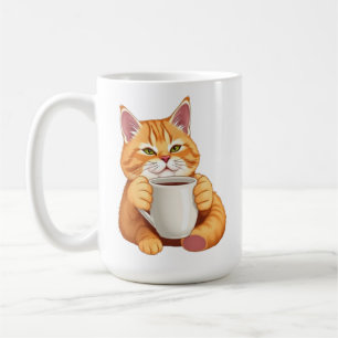 Süße orange Katze trinkt Kaffee Lustige rote Tabby Kaffeetasse