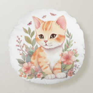 Süße Orange Tabby Katze mit Blumen Aquarell Rundes Kissen