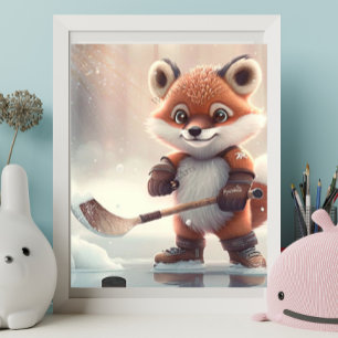 Süße orangefarbene Fuchs spielt Eishockey Art Kind Poster
