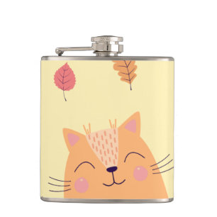 Süße orangefarbene Katze spielt im Herbstlaub Flachmann
