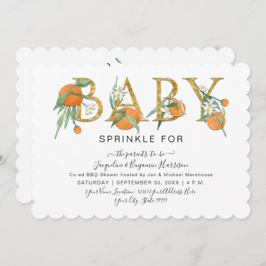 Süsse Orangen Gold Glitzer Aquarell Kinderdusche Einladung (Vorne/Hinten)