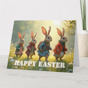 Süße Osterhasen laufen auf einer Frühlingswiese Dankeskarte