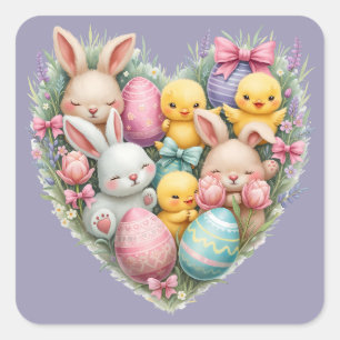 Süße Osterhasen und Küken Pastell Cottagecore Quadratischer Aufkleber