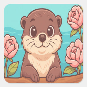 Süße Otter-Cartoon mit Rosen und Wasser Szene Quadratischer Aufkleber