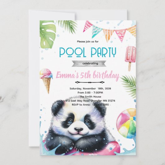Süße Panda-Pool-Themen-Einladung Einladung (Vorderseite)