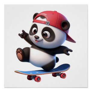 Süße Panda-Skateboard-Illustration Poster