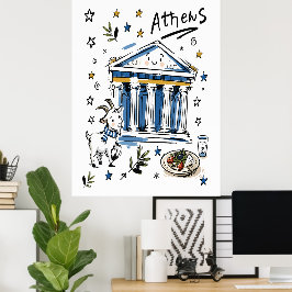 Süße Parthenon-Athen-Doodle-Kunst Poster