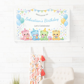 Süße Pastell-Baby-Bären Geburtstagsjunge Blaue Par Banner