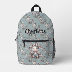 Süße Pastell-Babykuh in Overall mit Blumen Bedruckter Rucksack