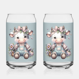 Süße Pastell-Babykuh in Overall mit Blumen Dosenglas
