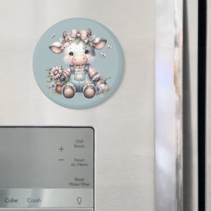 Süße Pastell-Babykuh in Overall mit Blumen Magnet