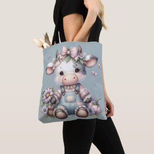Süße Pastell-Babykuh in Overall mit Blumen Tasche