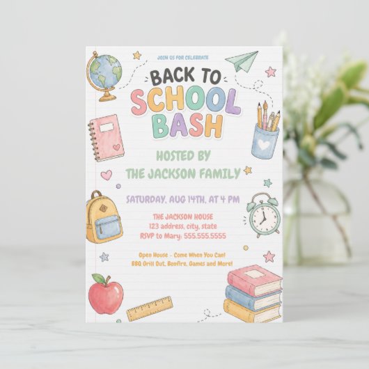 Süße Pastell-Back-to-School-Bash-Party Einladung (Stehend Vorderseite)