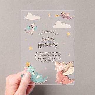 Süße Pastell-Drachen-Kinder-Geburtstagsfeier Acryleinladungen