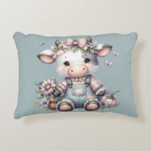 Süße Pastell-Farbene Babykuh in Latzhose mit Blume Dekokissen