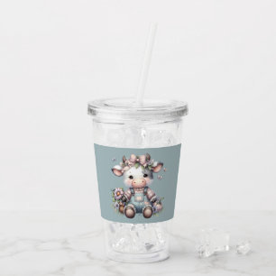 Süße Pastell-Farbene Babykuh in Overall mit Blumen Acryltrinkbecher