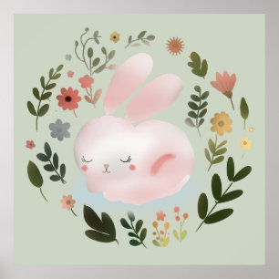 Süße Pastell-Frühlings-Hasen-Blumenkranz-Kinderzim Poster