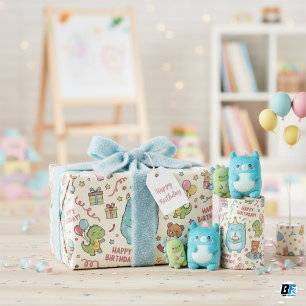 Süße Pastell Kawaii Monster und Freunde Geburtstag Geschenkpapier