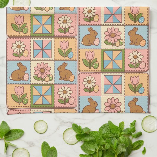Süße Pastell-Osterhasen-Blumen-Patchwork Geschirrtuch (Gefaltet)