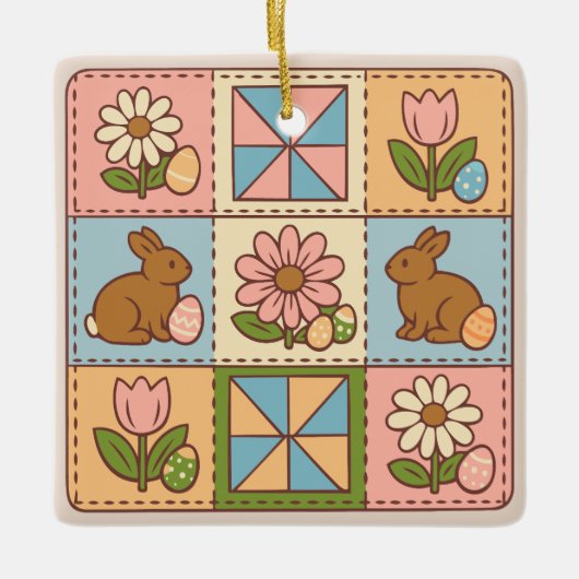 Süße Pastell-Osterhasen-Blumen-Patchwork Keramikornament (Vorderseite)