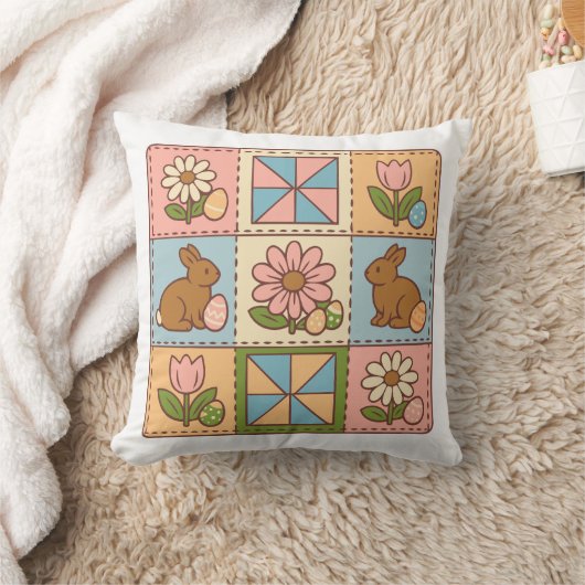 Süße Pastell-Osterhasen-Blumen-Patchwork Kissen (Decke)