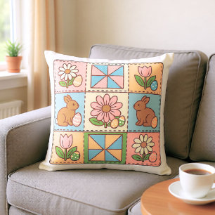 Süße Pastell-Osterhasen-Blumen- Patchwork Kissen