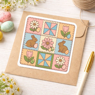Süße Pastell-Osterhasen-Blumen-Patchwork  Quadratischer Aufkleber