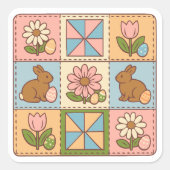 Süße Pastell-Osterhasen-Blumen-Patchwork Quadratischer Aufkleber (Vorderseite)