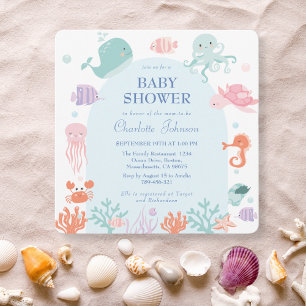 Süße Pastell-Ozeanfreunde Blaue Babyparty Einladung