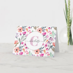Süße Pastell-Wasserfarben-Blumen Monogramm Karte