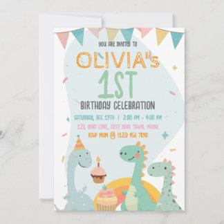 Süße Pastellfarben zum 1. Geburtstag des Baby-Dino Einladung