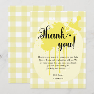 Süße Pastellgelbe Gingham-Baby-Party Dankeskarte