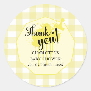 Süße Pastellgelbe Gingham-Baby-Party Runder Aufkleber