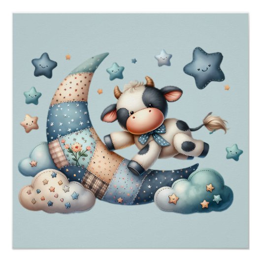 Süße Patchwork-Kuh über dem Mond mit Sternen Poster (Vorderseite)