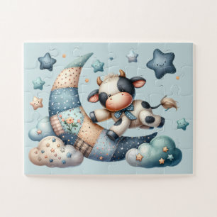 Süße Patchwork-Kuh über dem Mond mit Sternen Puzzle