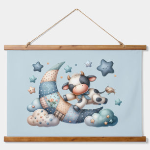 Süße Patchwork-Kuh über dem Mond mit Sternen Wandteppich Mit Holzrahmen