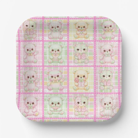 Süße Patchwork-Teddybär-Decke Nahtlos Pappteller (Vorderseite)