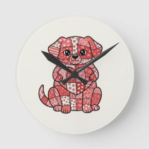 Süße Patchwork-Welpe-Hund-Illustration mit Herz  Runde Wanduhr