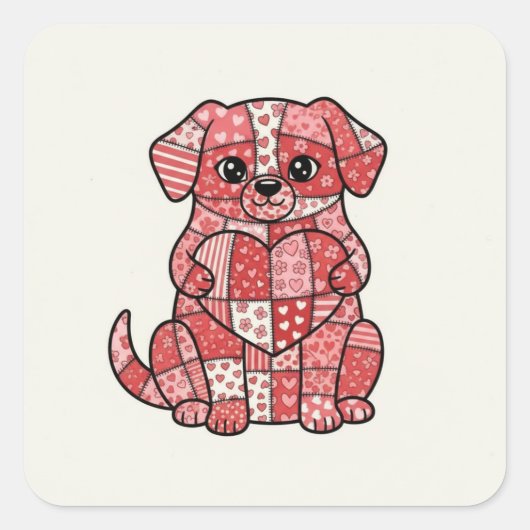 Süße Patchwork-Welpe mit Herz-Illustration Quadratischer Aufkleber (Vorderseite)