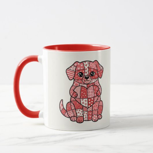 Süße Patchwork-Welpe mit Herz-Illustration Tasse (Links)