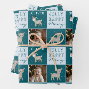 Süße Personalisierte Baby-Foto-Rentiere Weihnachte Geschenkpapier Set