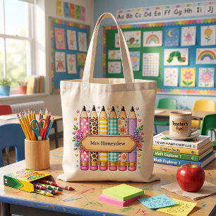 Süße personalisierte Cartoon-Bleistift-Lehrerin Tragetasche