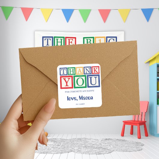 Süße personalisierte Grundfarben-Blöcke Danke Quadratischer Aufkleber