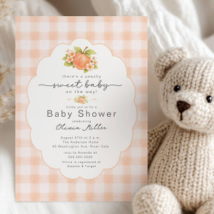Süße Pfirsich-Baby-Shower-Gingham-Einladung Einladung