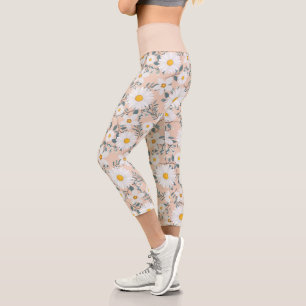 Süße Pfirsich- und weiße Blumen-Daisy Capri Leggings