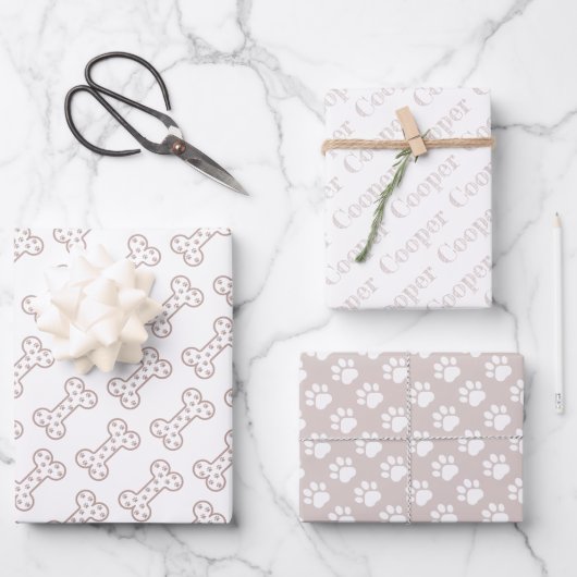 Süße Pfotenabdrücke Hund Knochen Benutzerdefiniert Geschenkpapier Set (Vorderseite)