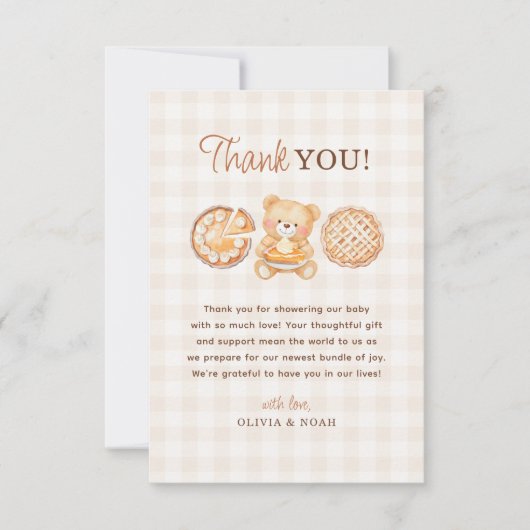Süsse Pie Gingham Teddy Bear Fall Baby Dusche Dankeskarte (Vorderseite)