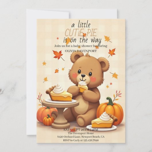 Süsse Pie Gingham Teddy Bear Fall Baby Dusche Einladung (Vorderseite)