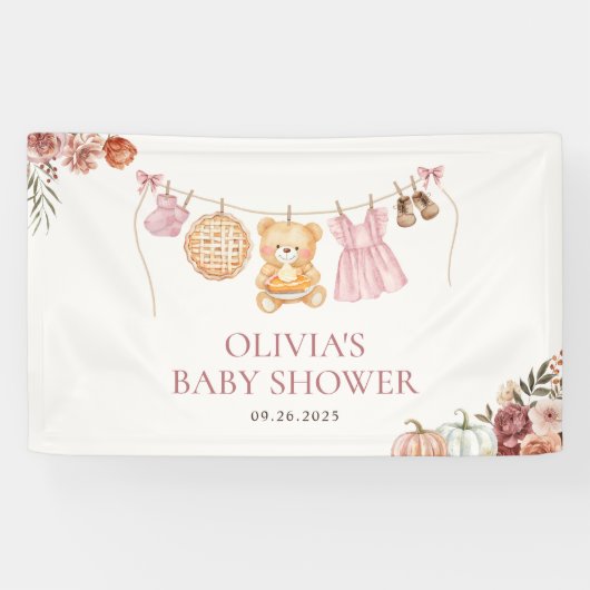 Süsse Pie Pink Fall Bear Girl Babydusche Willkomme Banner (Horizontal)